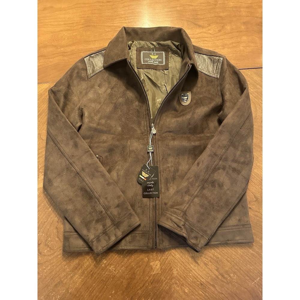 EA Collection Italy Style Bomber‎ Men's Brown Jacket Full Zip Size L Suede